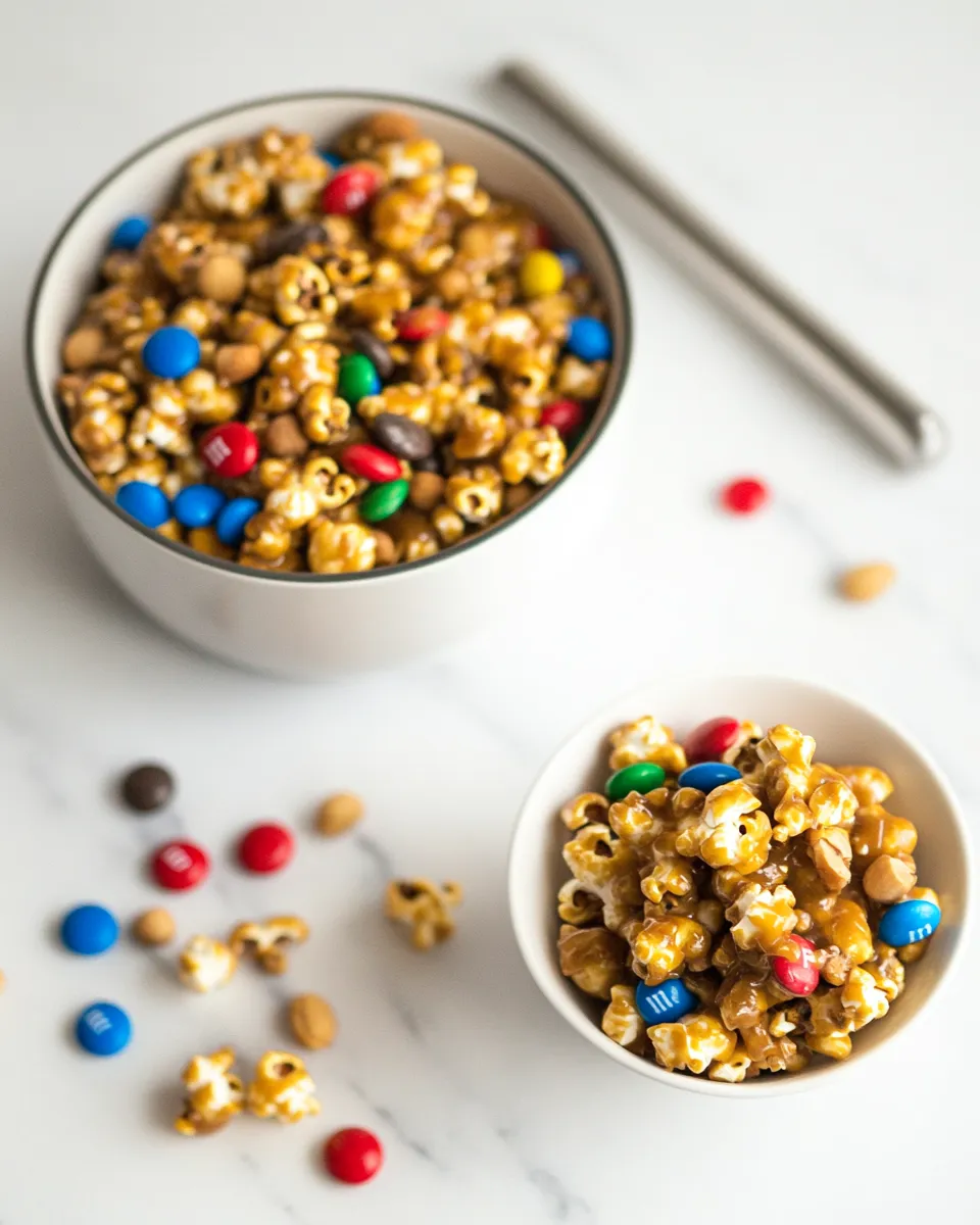 Easy Spicy caramel popcorn with peanut M&Ms shot