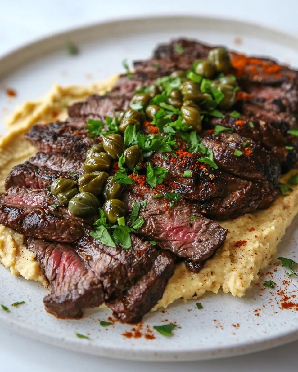 Delicious Thinly Sliced Ribeye with Hummus and Capers shot