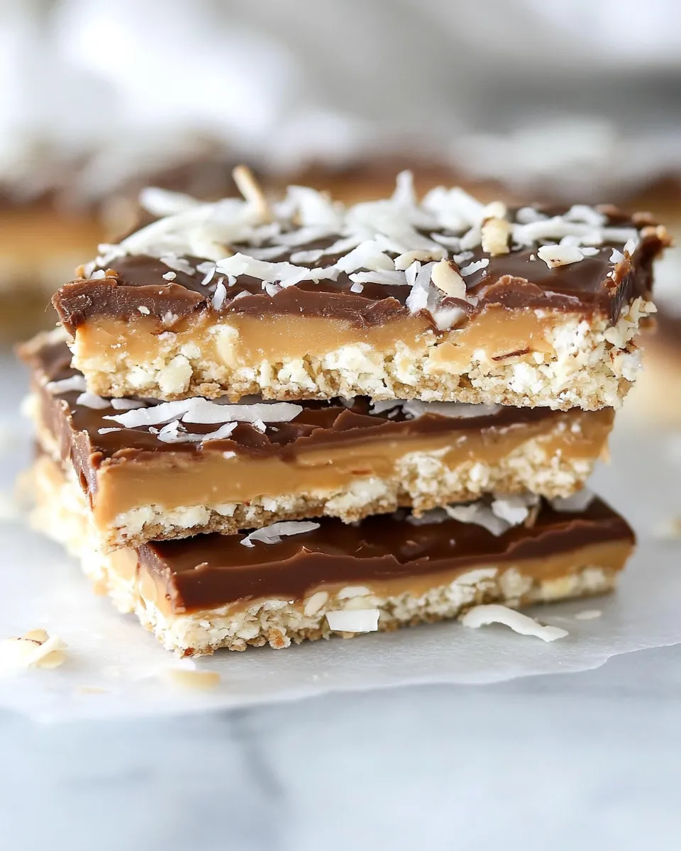 Homemade Toasted Coconut Caramel Peanut Butter Snickers Bars photo