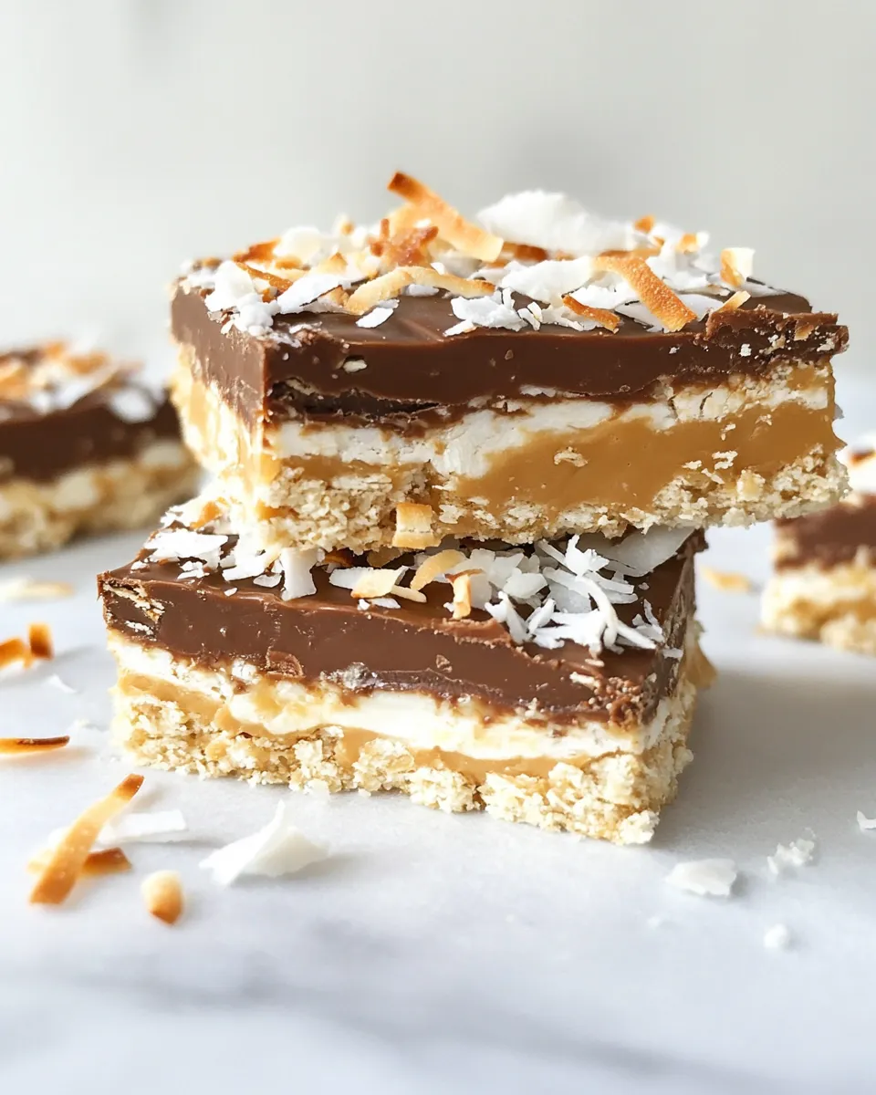 Delicious Toasted Coconut Caramel Peanut Butter Snickers Bars image