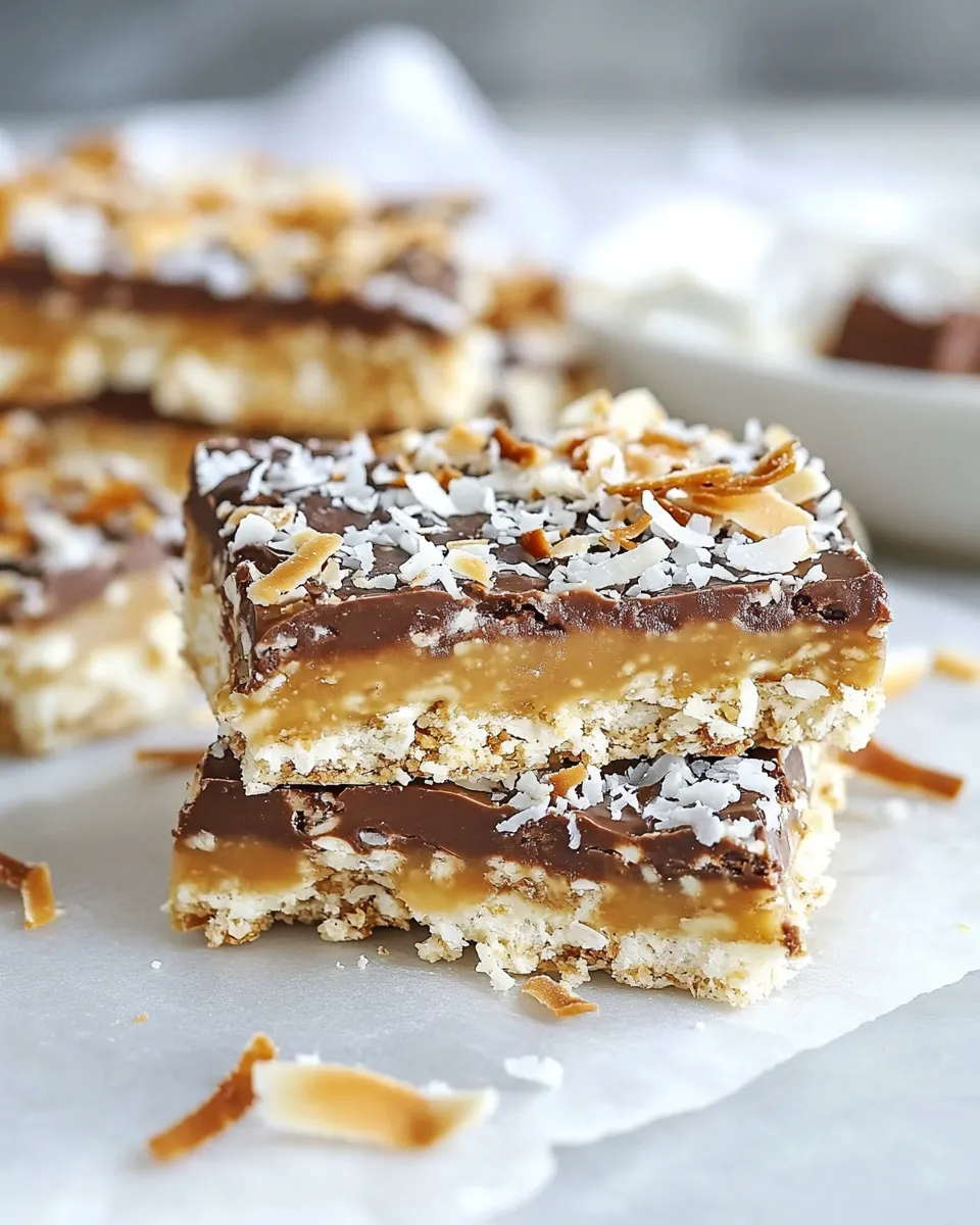 Easy Toasted Coconut Caramel Peanut Butter Snickers Bars shot