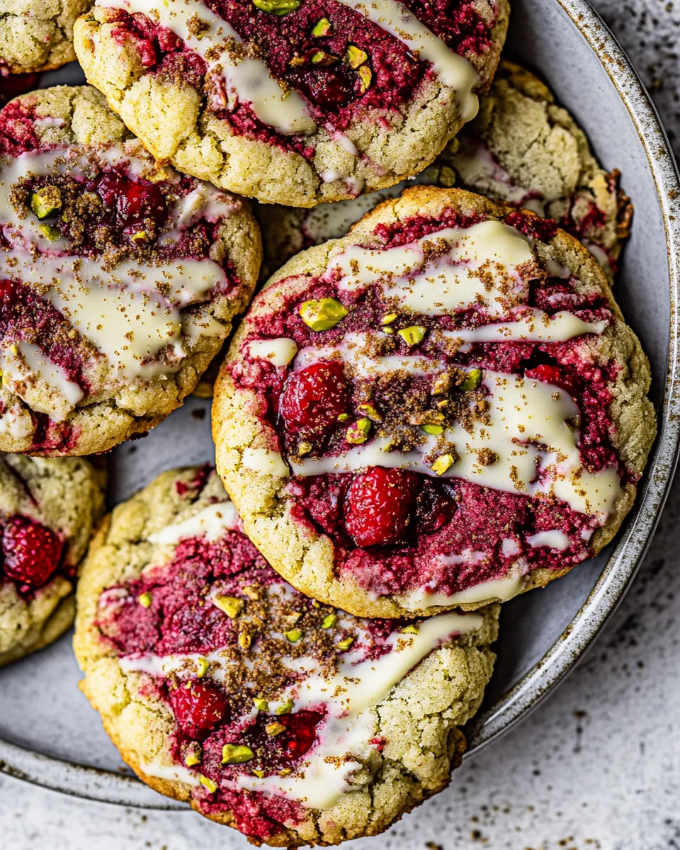 Homemade White Chocolate Raspberry Swirled Pistachio Cookies. dish image