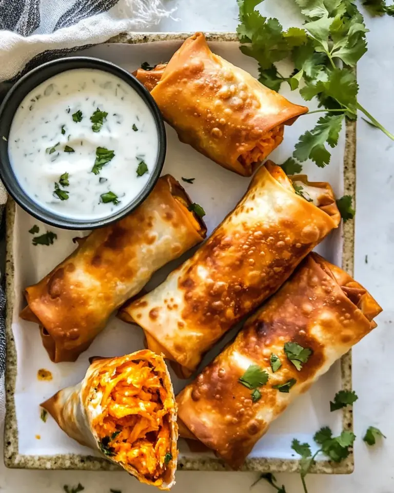 homemade Baked Buffalo Chicken Egg Rolls with Cilantro Lime Ranch. photo