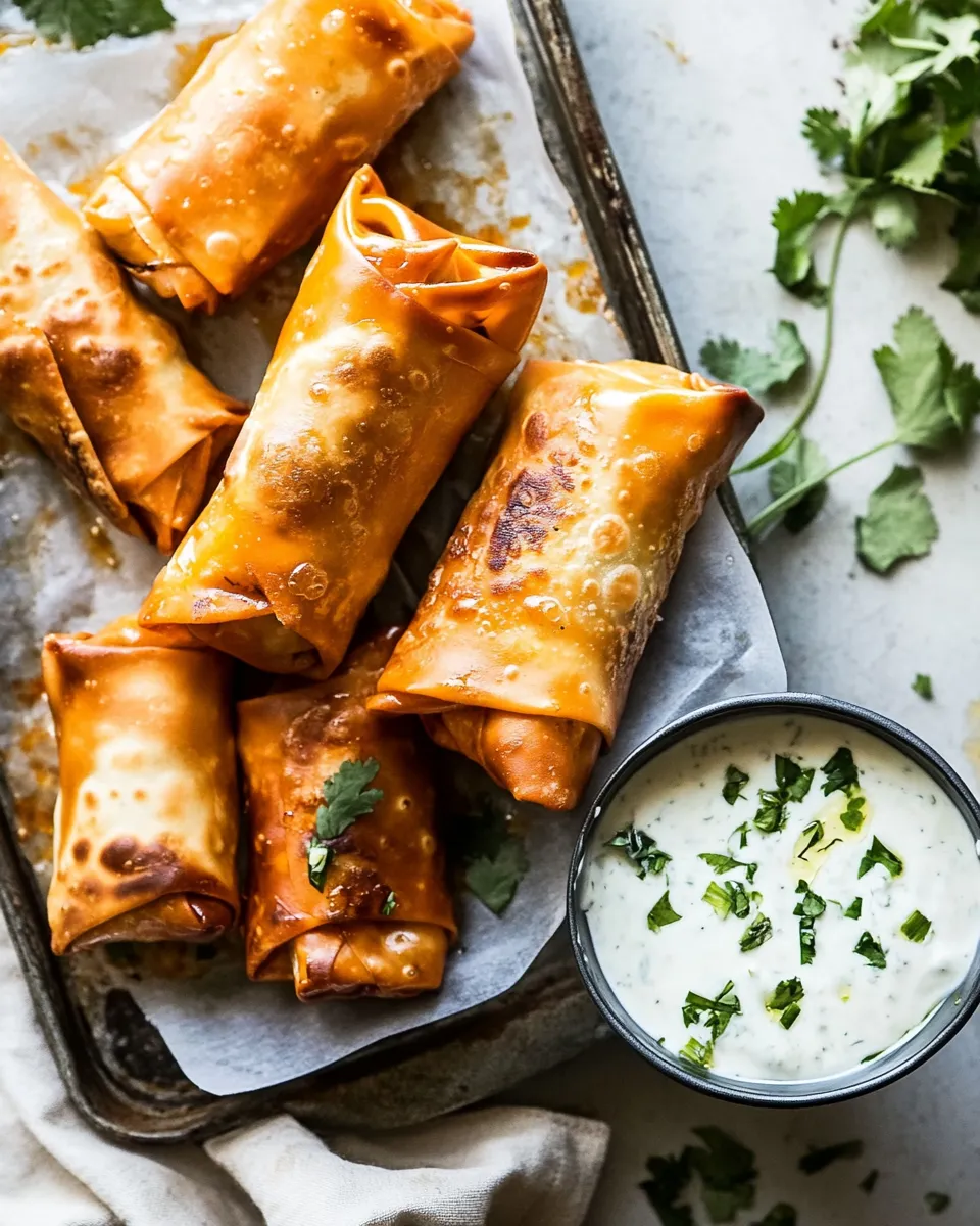 delicious Baked Buffalo Chicken Egg Rolls with Cilantro Lime Ranch. shot