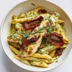homemade Basil Pesto Chicken with Alfredo Penne and Sun Dried Tomatoes photo