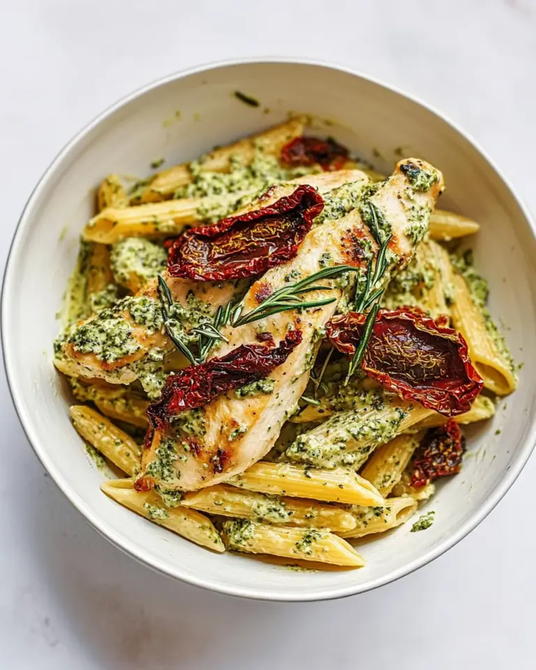 homemade Basil Pesto Chicken with Alfredo Penne and Sun Dried Tomatoes photo