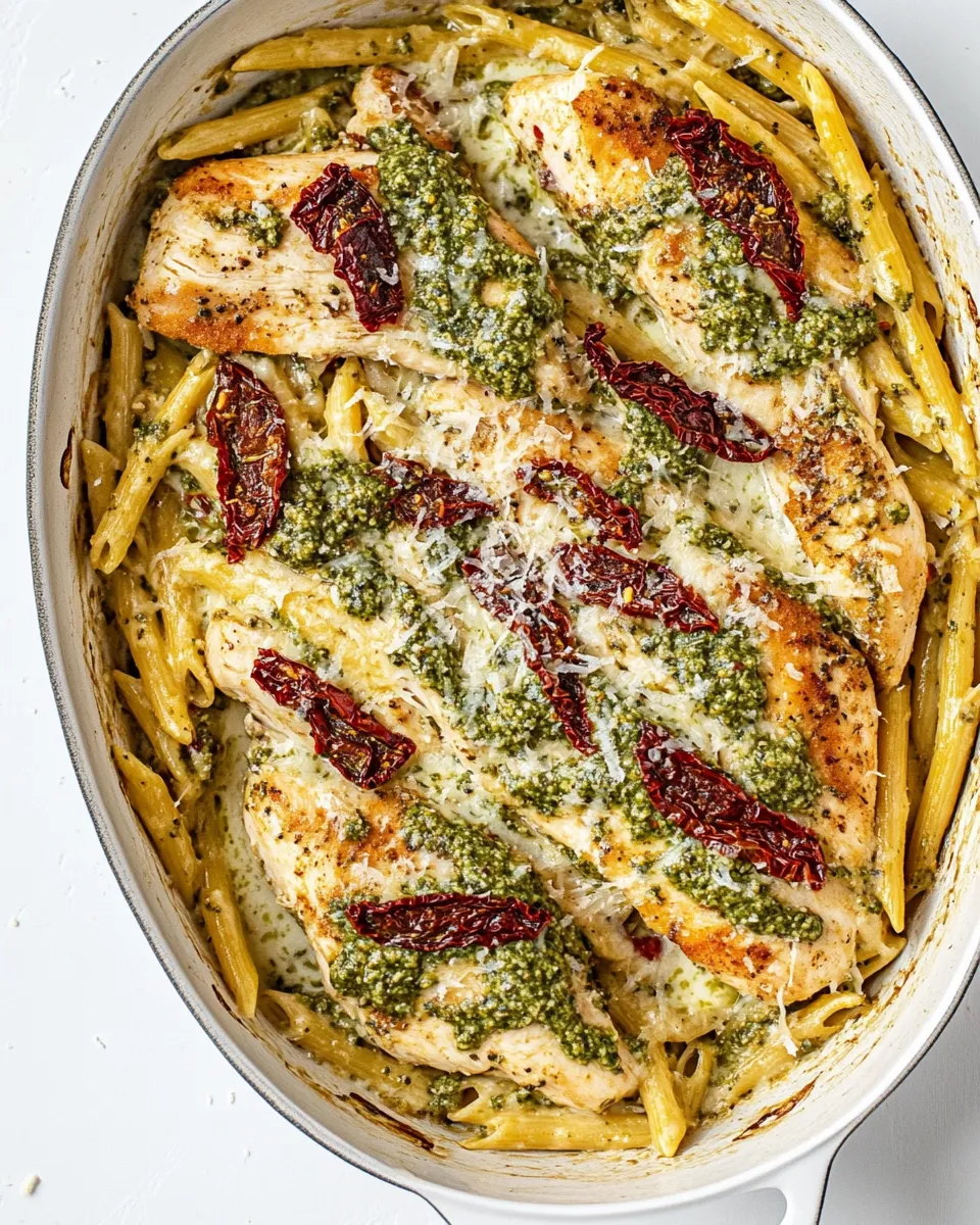 easy Basil Pesto Chicken with Alfredo Penne and Sun Dried Tomatoes picture