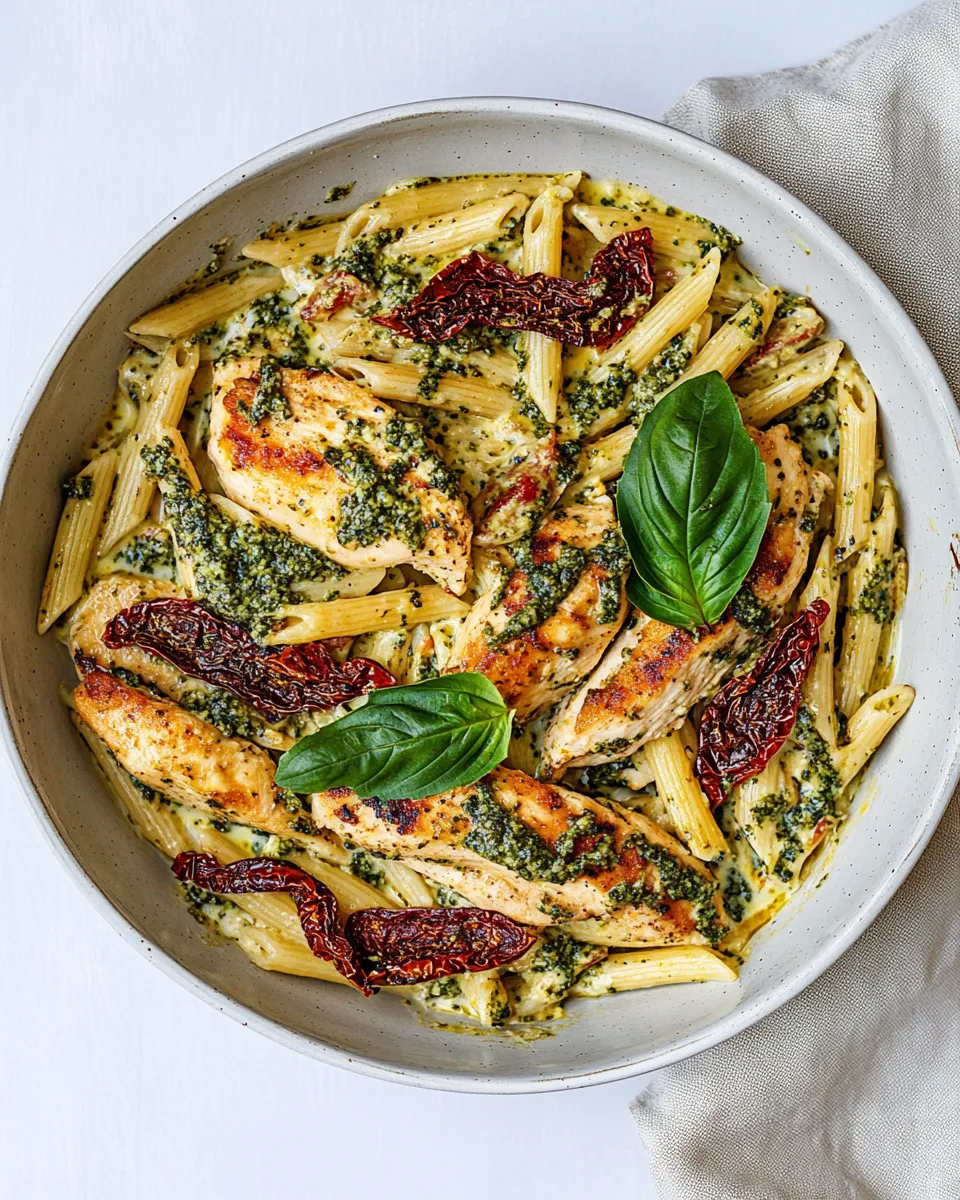 delicious Basil Pesto Chicken with Alfredo Penne and Sun Dried Tomatoes shot