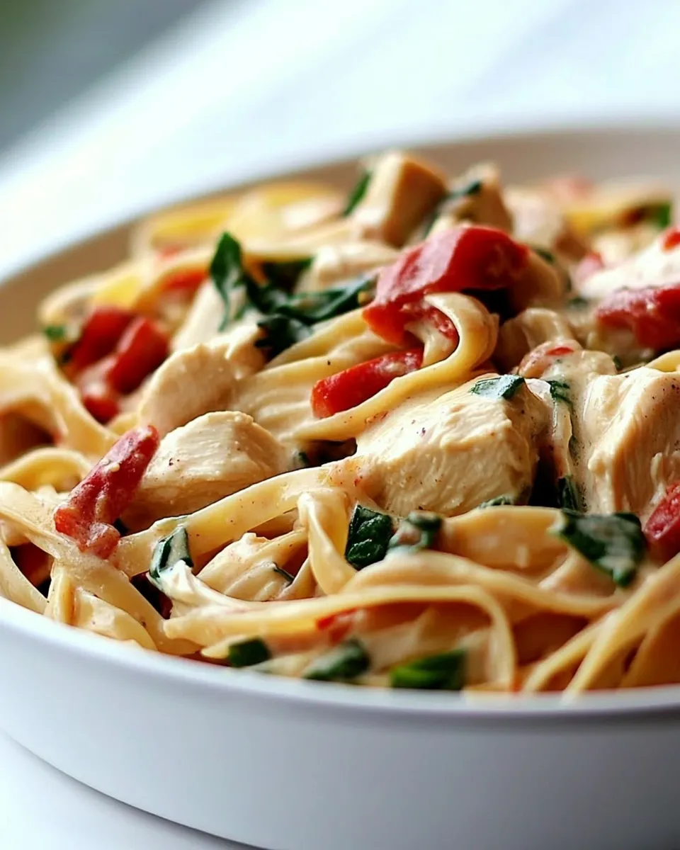 delicious Chicken Pasta with Roasted Red Pepper Cream Sauce Recipe shot