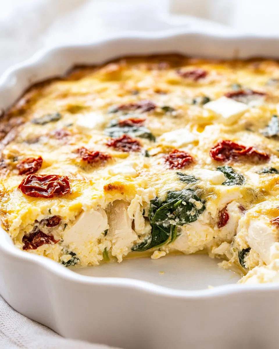 delicious Chicken and Spinach Breakfast Casserole with Sun-Dried Tomatoes and Feta plate image