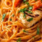 Homemade Creamy Roasted Red Pepper Pasta With Grilled Chicken photo