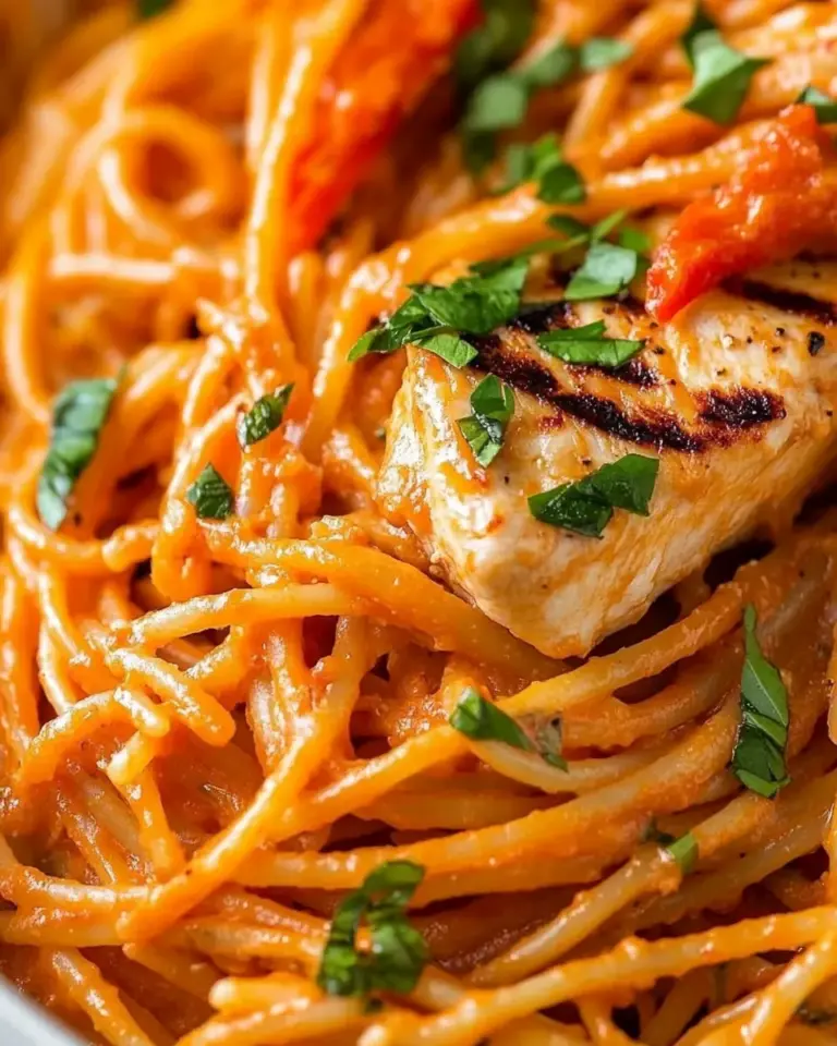Homemade Creamy Roasted Red Pepper Pasta With Grilled Chicken photo