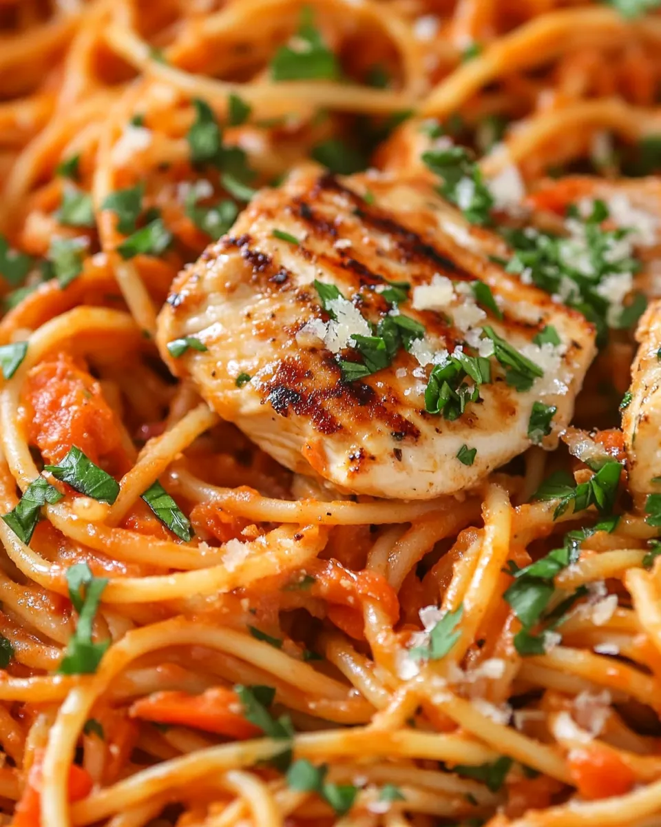 Classic Creamy Roasted Red Pepper Pasta With Grilled Chicken image