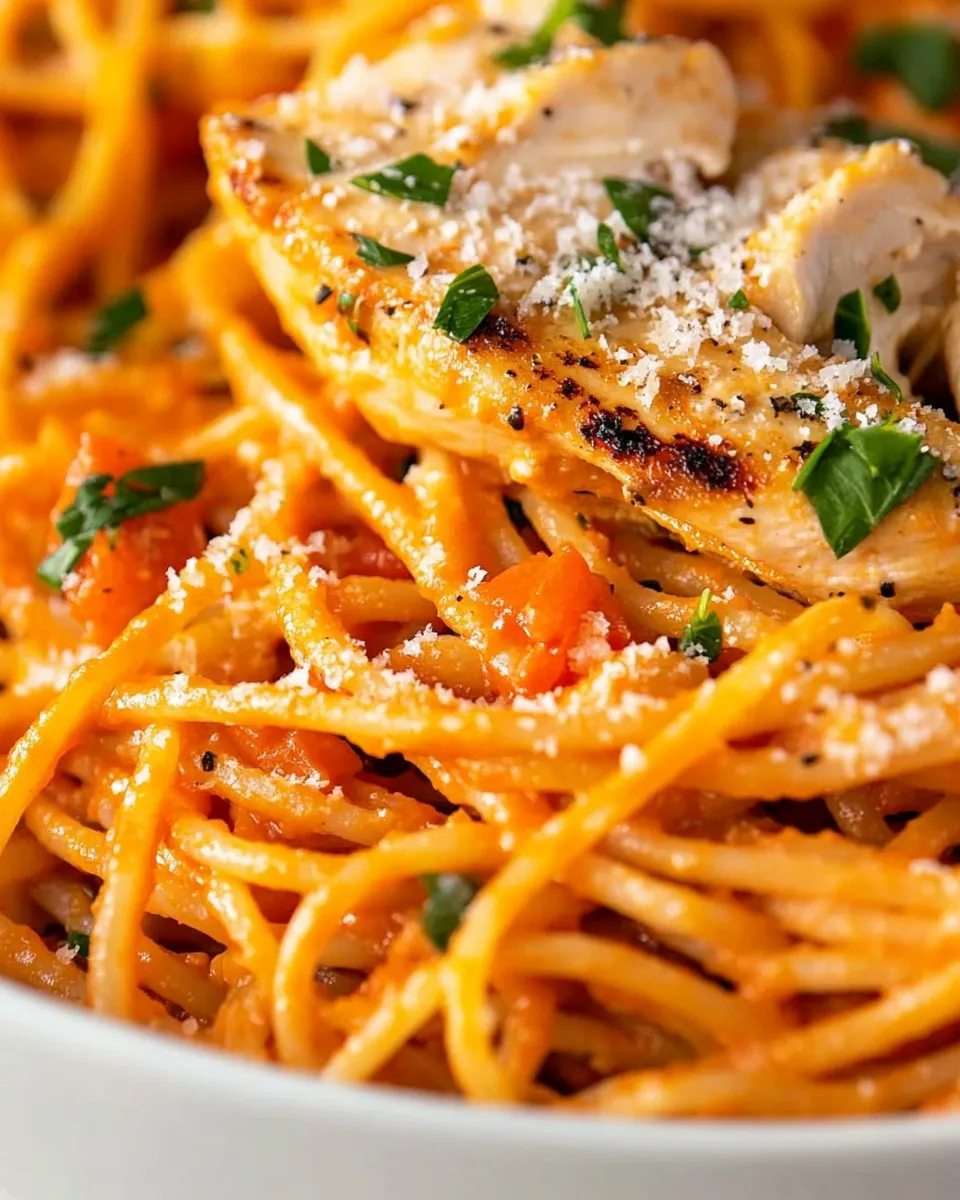 Easy Creamy Roasted Red Pepper Pasta With Grilled Chicken recipe image