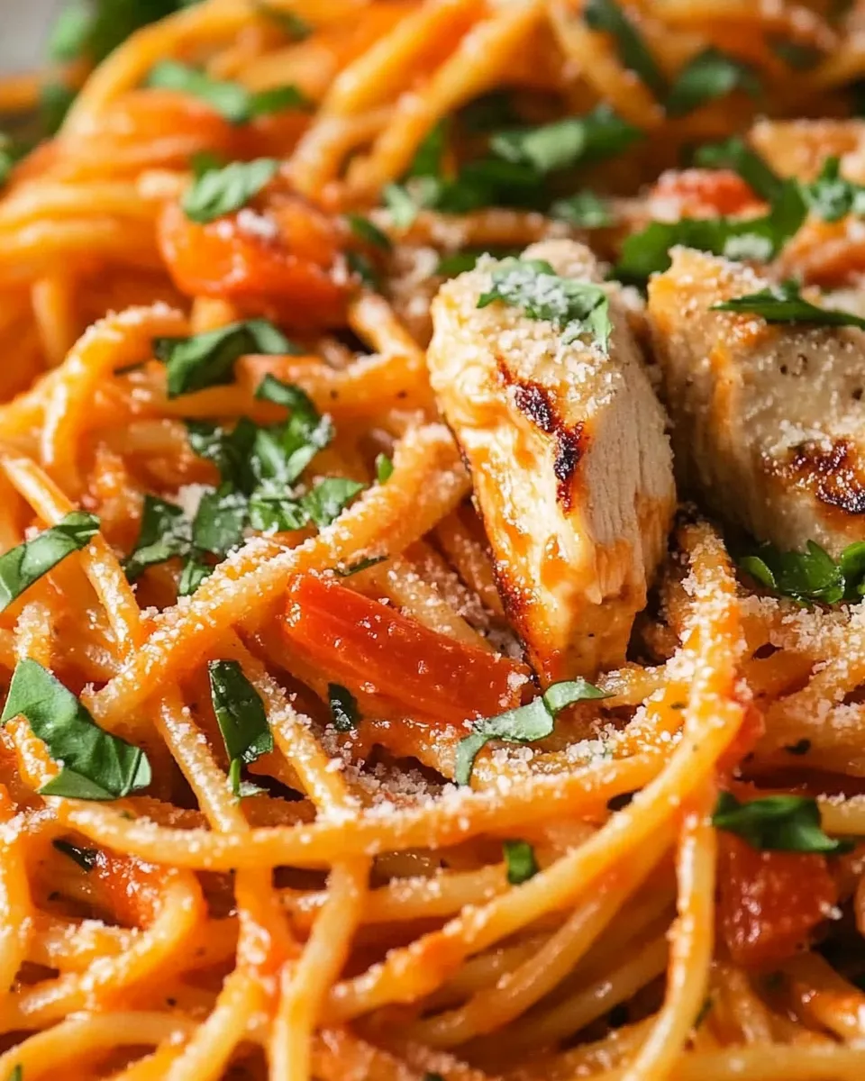 Delicious Creamy Roasted Red Pepper Pasta With Grilled Chicken dish photo