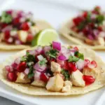 Homemade Honey Ginger Chicken Tostadas with Pomegranate Lime Salsa. photo