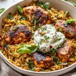 homemade One Skillet Chicken Tzatziki and Orzo. photo