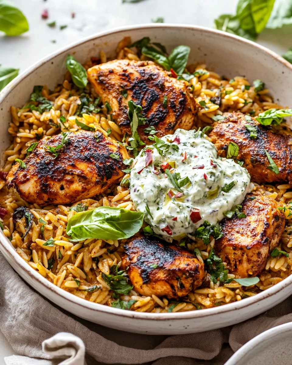 homemade One Skillet Chicken Tzatziki and Orzo. photo