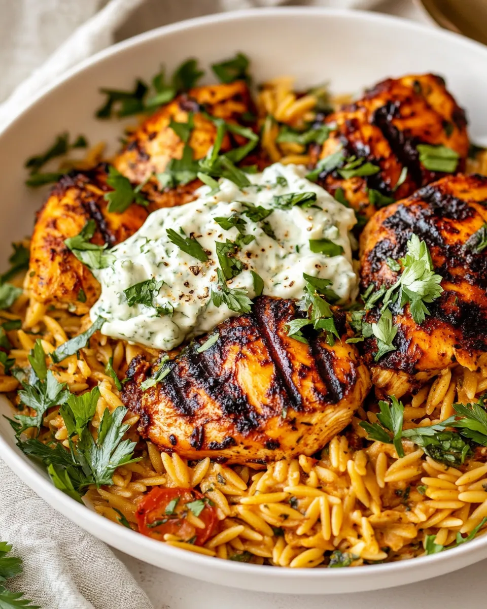 easy One Skillet Chicken Tzatziki and Orzo. recipe image