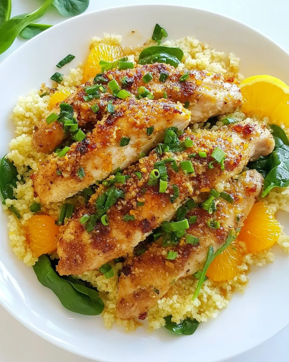 Delicious Orange Scallion Chicken with Spinach and Couscous dish photo
