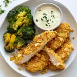 homemade Potato Chip Crusted Chicken Fingers with Ranch and Roasted Broccoli. photo