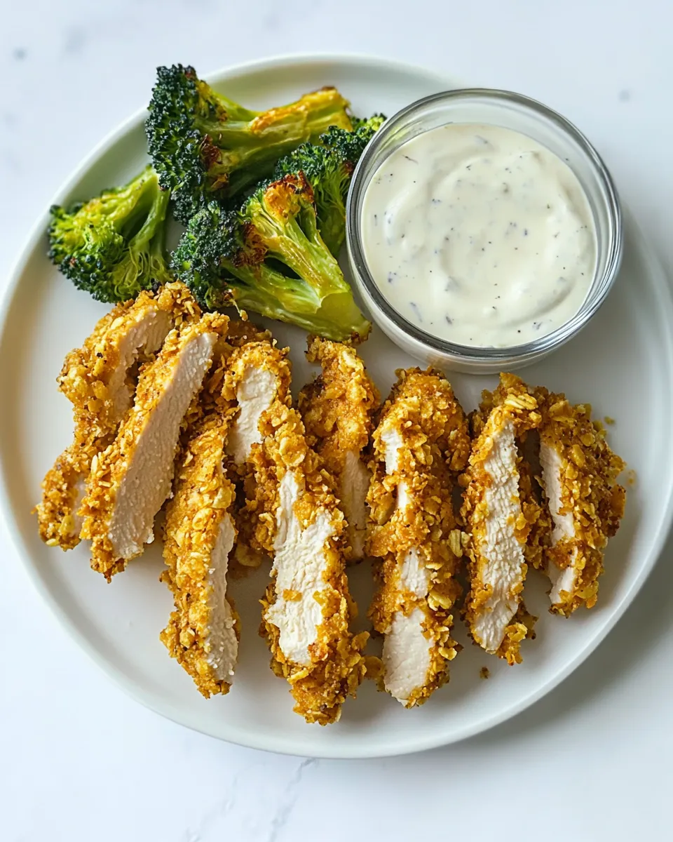 classic Potato Chip Crusted Chicken Fingers with Ranch and Roasted Broccoli. image