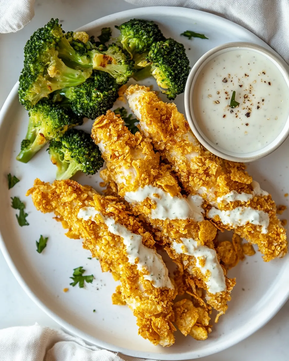 easy Potato Chip Crusted Chicken Fingers with Ranch and Roasted Broccoli. picture