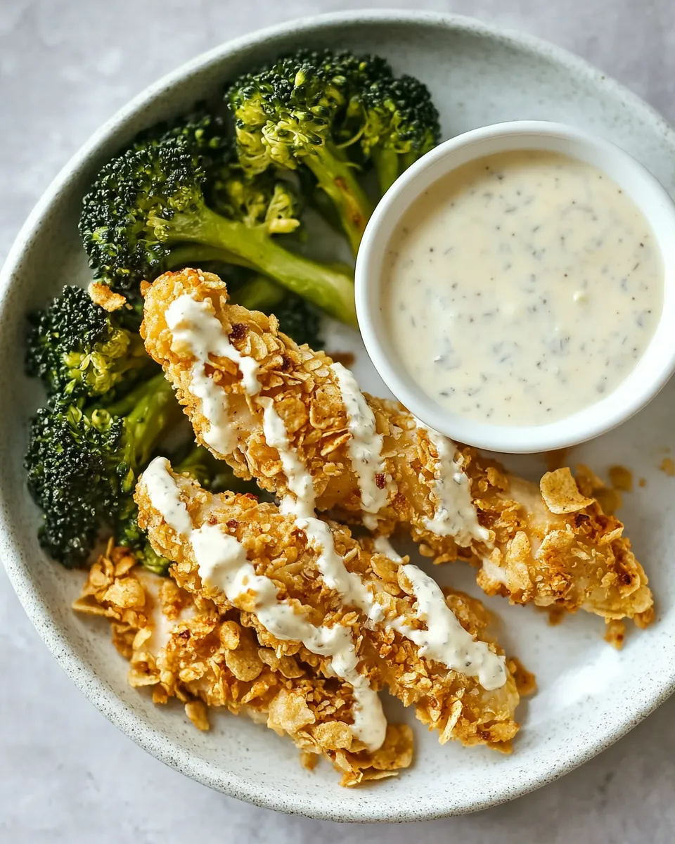 delicious Potato Chip Crusted Chicken Fingers with Ranch and Roasted Broccoli. shot