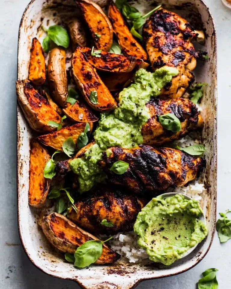 homemade Sheet Pan Lemon Chicken with Sweet Potatoes and Avocado Goddess Sauce. photo