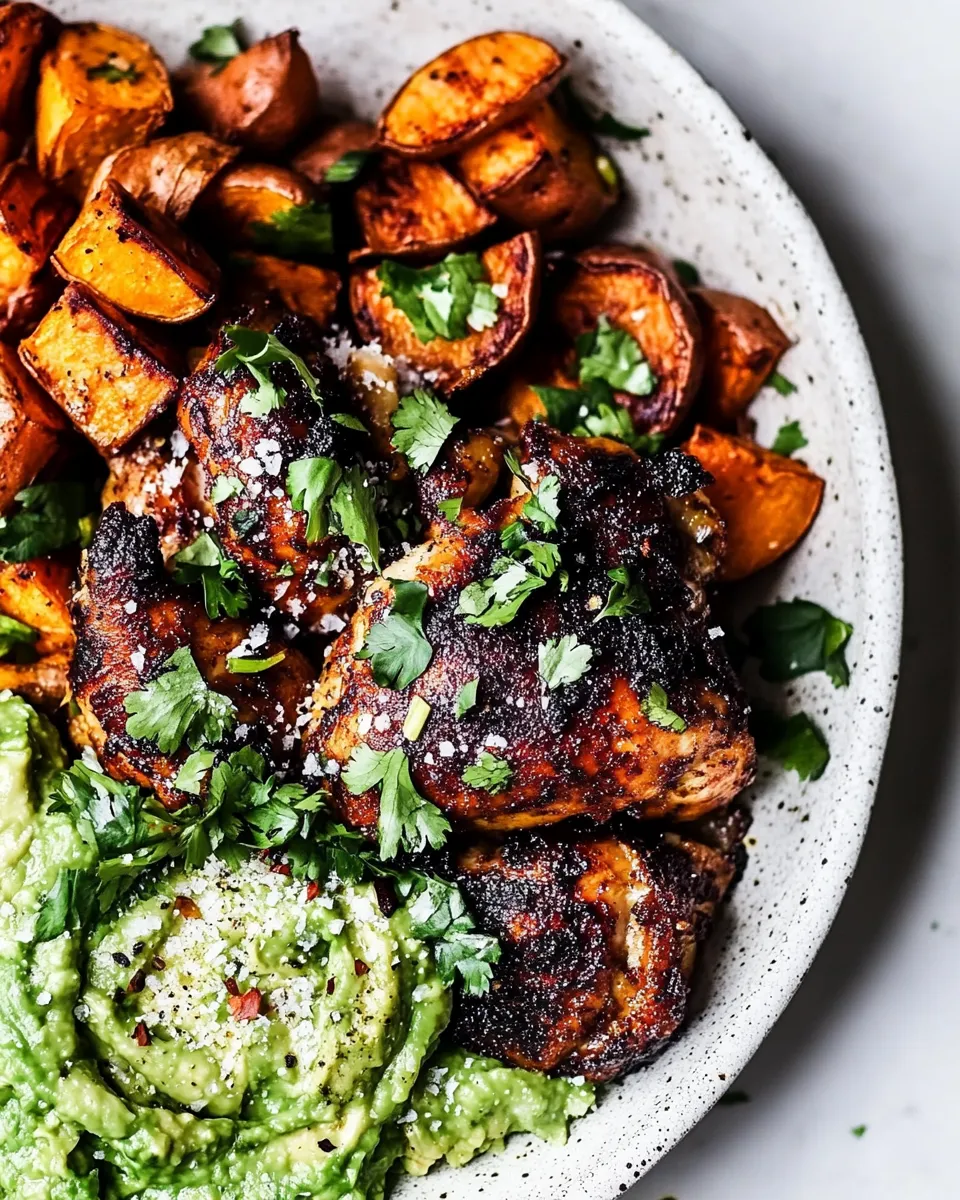 classic Sheet Pan Lemon Chicken with Sweet Potatoes and Avocado Goddess Sauce. image