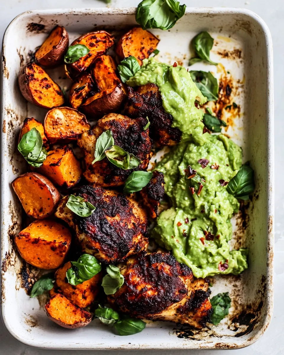 easy Sheet Pan Lemon Chicken with Sweet Potatoes and Avocado Goddess Sauce. picture