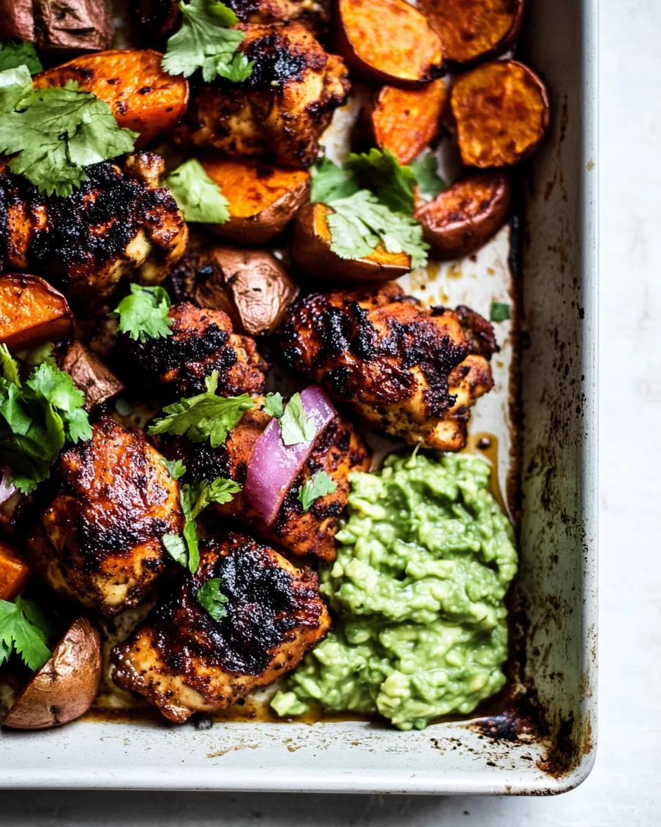 delicious Sheet Pan Lemon Chicken with Sweet Potatoes and Avocado Goddess Sauce. shot