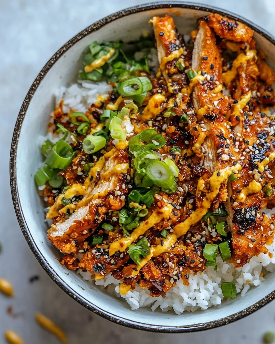 Delicious Spicy Chicken Yum Yum Rice Bowls. dish photo
