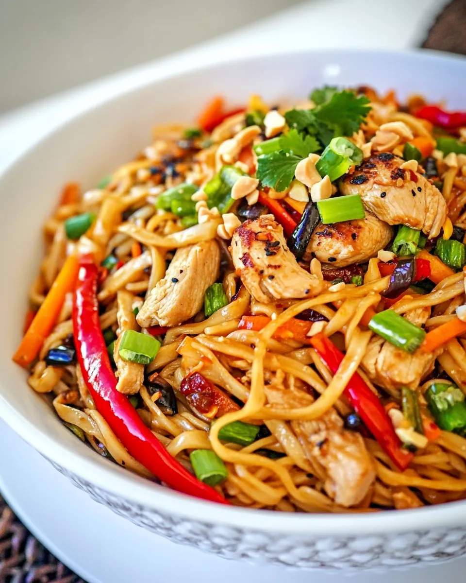 Delicious Spicy Thai Chicken and Veggie Noodles shot