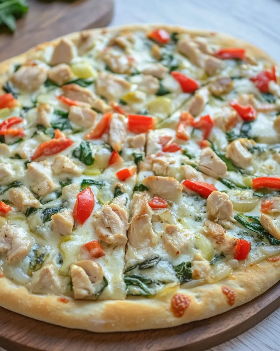 Homemade White Garlic Chicken and Vegetable Pizza photo