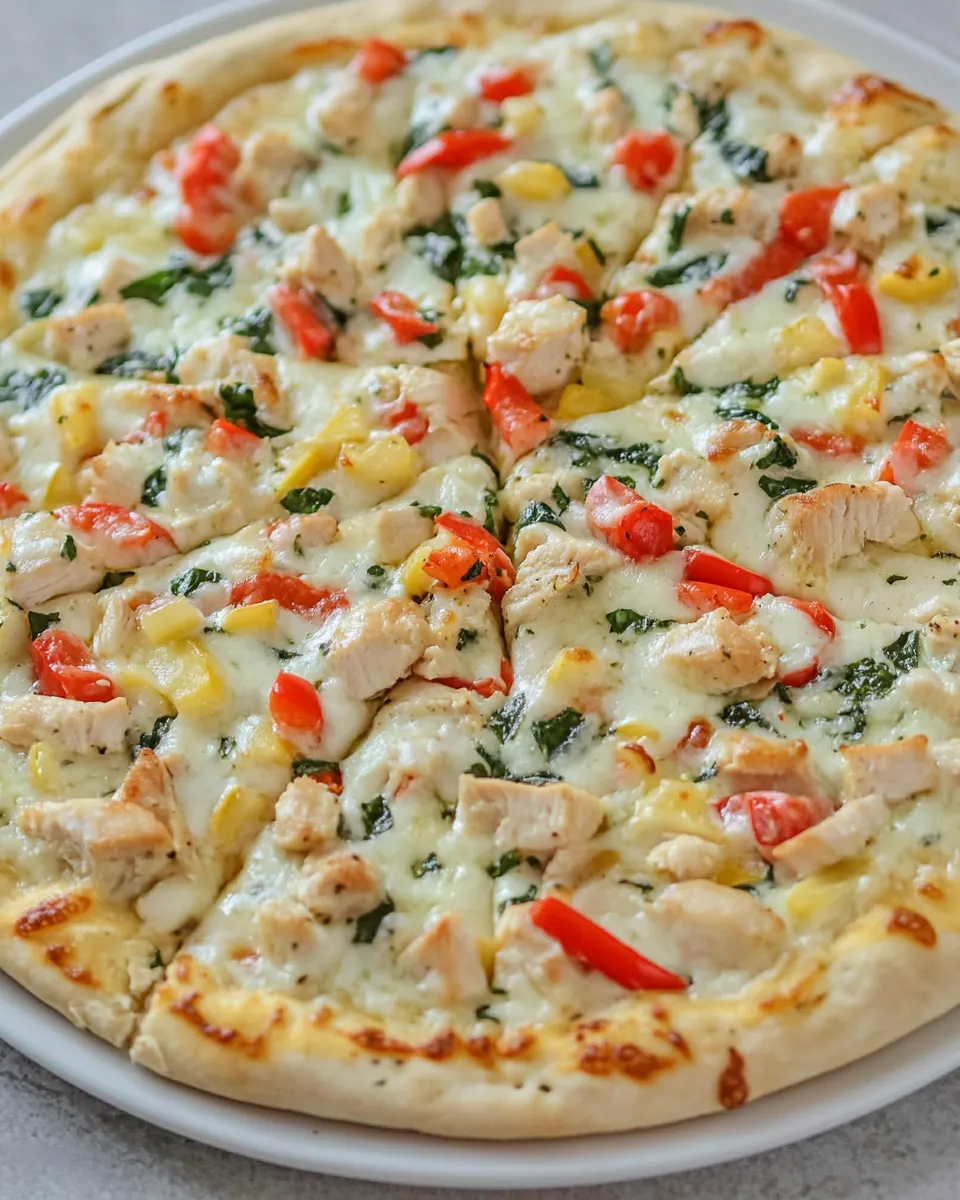 Delicious White Garlic Chicken and Vegetable Pizza dish photo