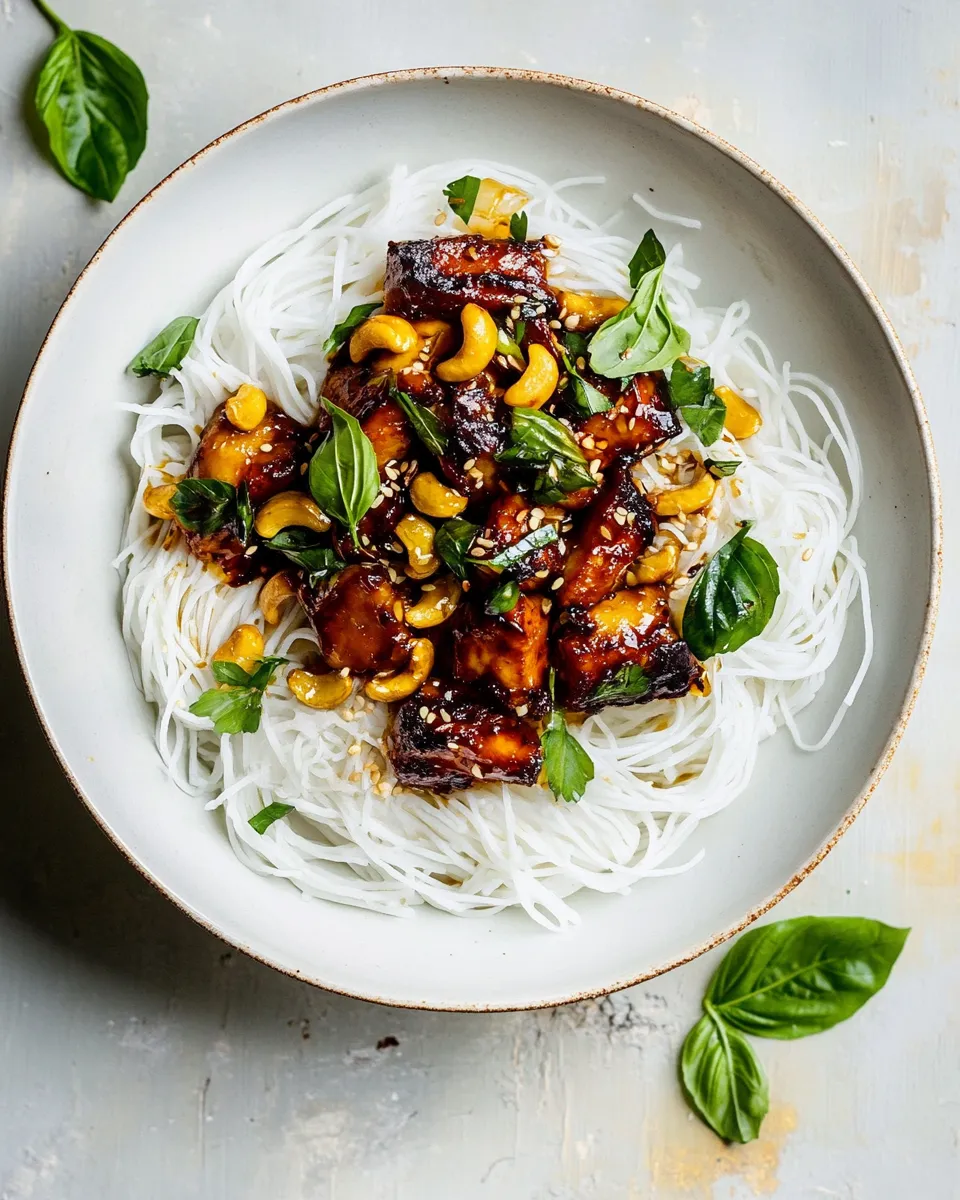 Delicious 20 Minute Honey Garlic Cashew Chicken and Coconut Noodles. food shot