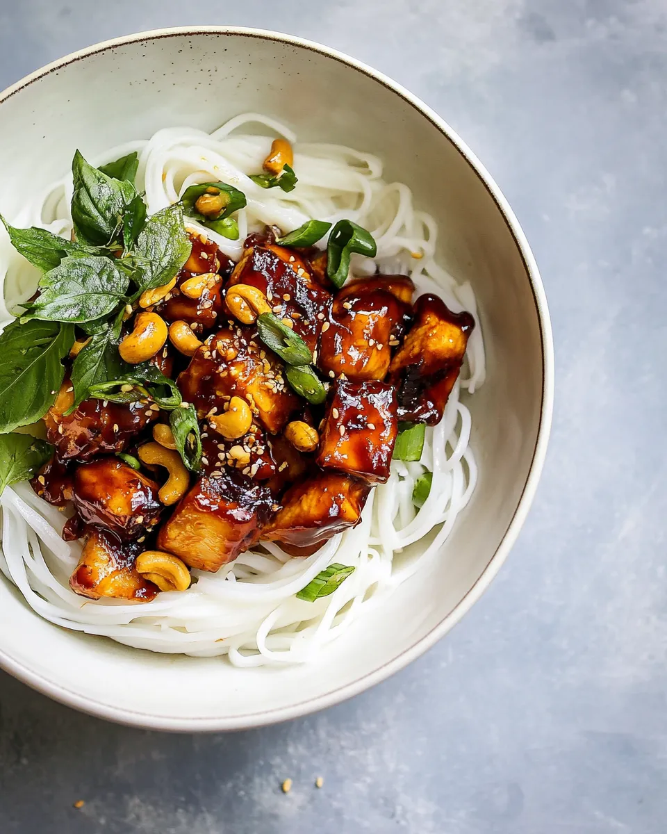 Quick 20 Minute Honey Garlic Cashew Chicken and Coconut Noodles. dish photo