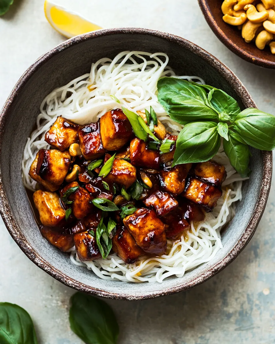 Healthy 20 Minute Honey Garlic Cashew Chicken and Coconut Noodles. plate image