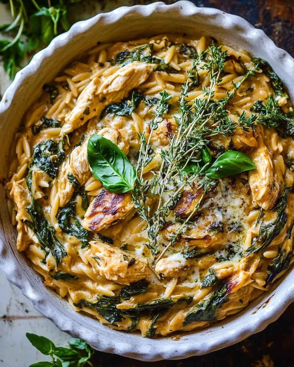 Classic 25 Minute Spinach and Artichoke Chicken Orzo. food shot