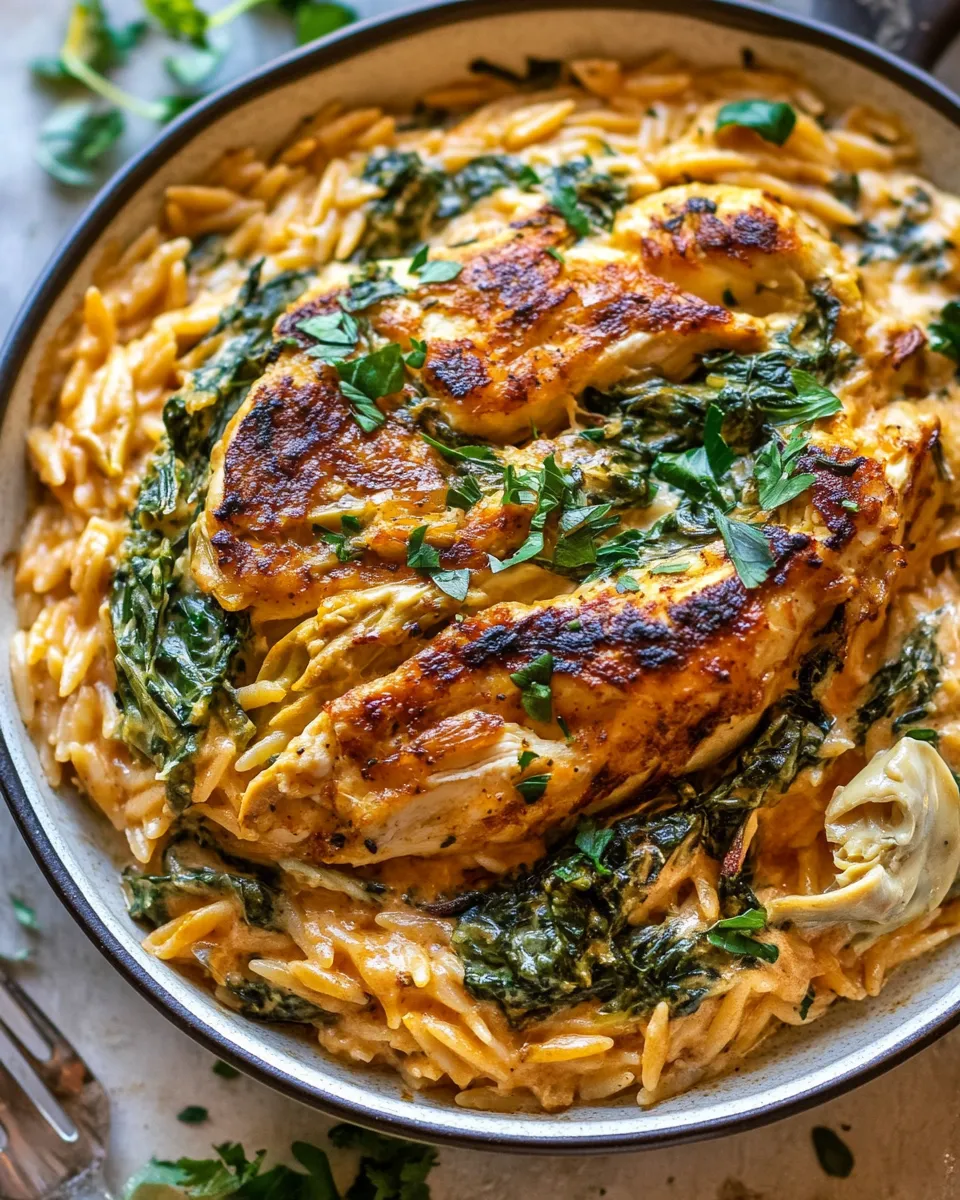 Delicious 25 Minute Spinach and Artichoke Chicken Orzo. dish photo
