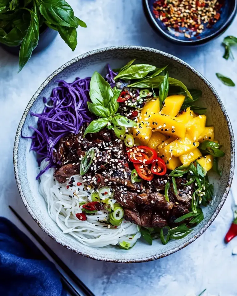 Homemade 30 Minute Asian Basil Beef and Mango Noodle Salad. recipe photo