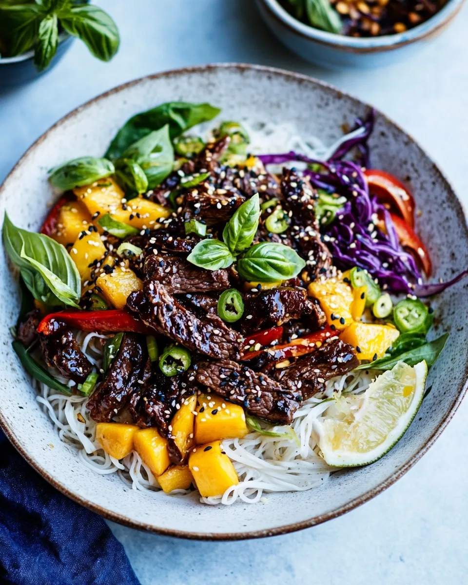 Classic 30 Minute Asian Basil Beef and Mango Noodle Salad. dish photo