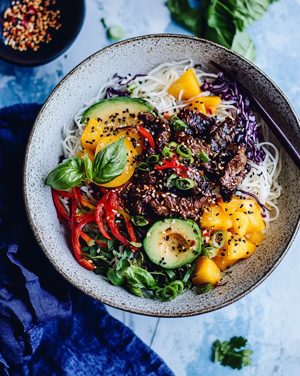 Easy 30 Minute Asian Basil Beef and Mango Noodle Salad. food shot
