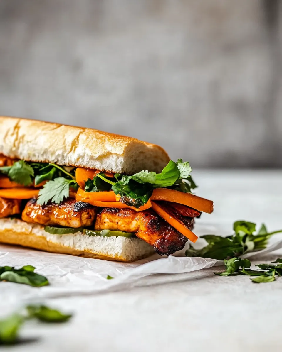 Easy 30 Minute Basil Chicken Banh Mi Sandwich. food shot