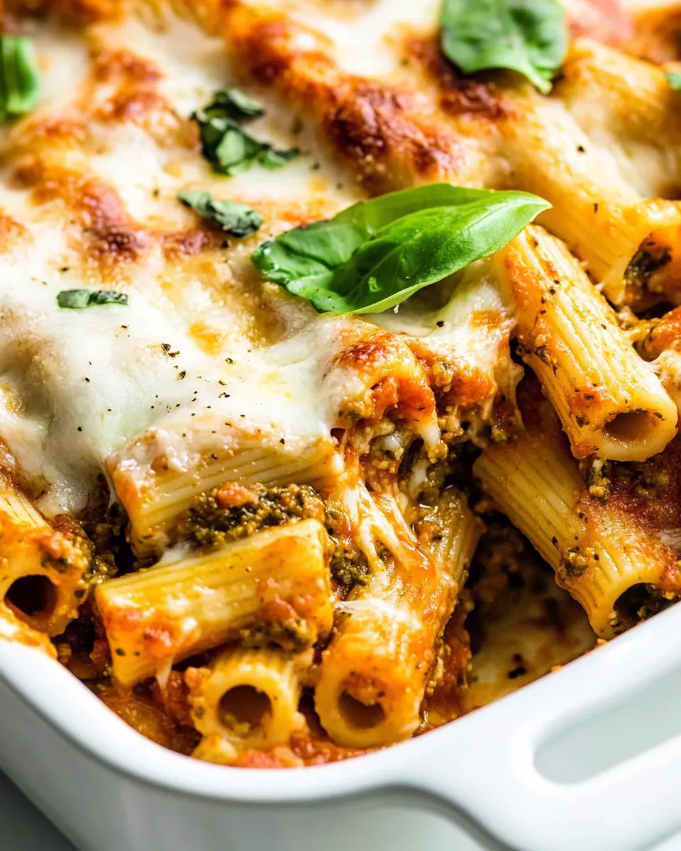 delicious 4 Ingredient Pesto Baked Rigatoni Recipe shot