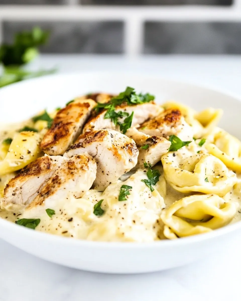 easy Asiago Tortellini Alfredo with Grilled Chicken recipe photo