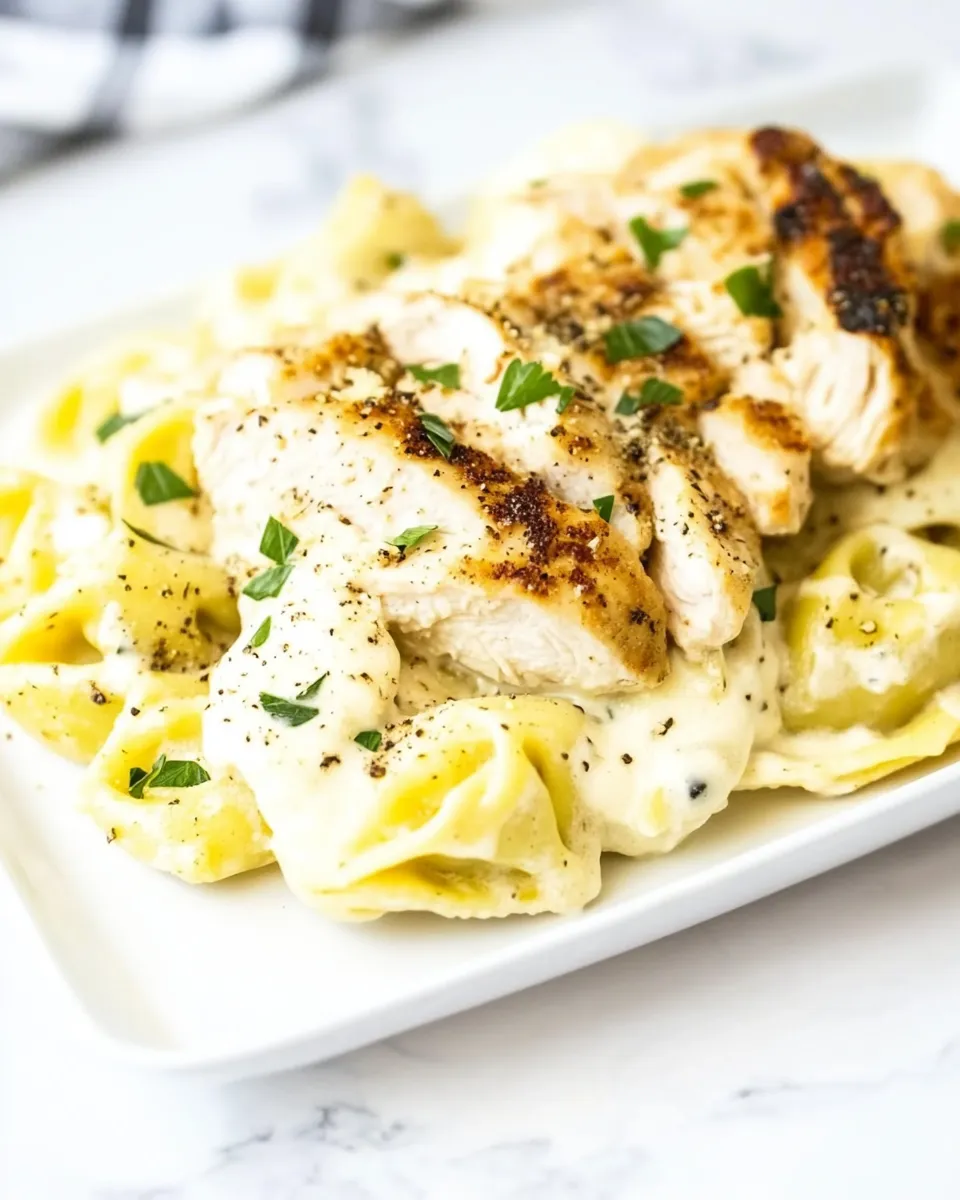 delicious Asiago Tortellini Alfredo with Grilled Chicken dish photo