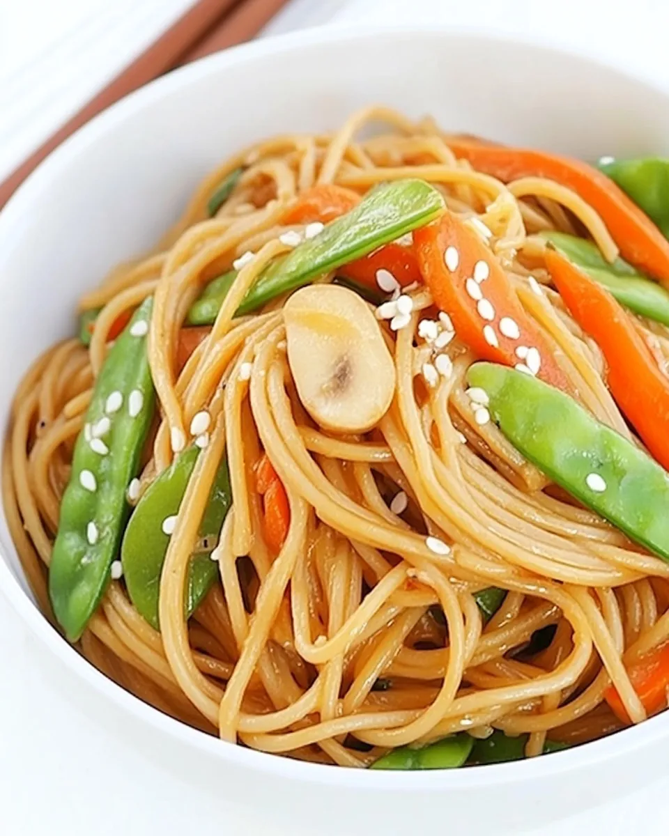 Delicious Asian Spaghetti with Garlic and Vegetables shot