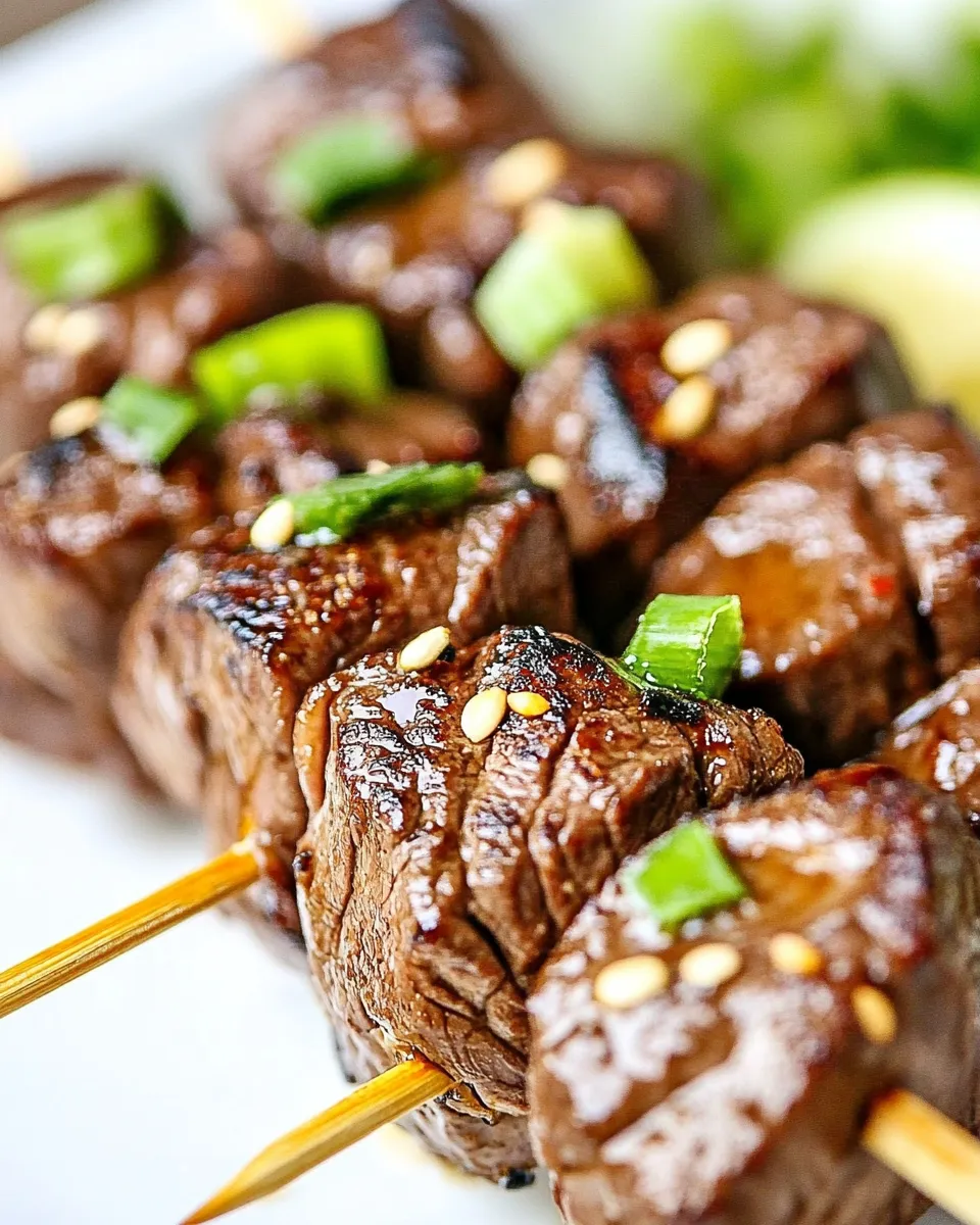 Delicious Asian Steak Kebabs food shot